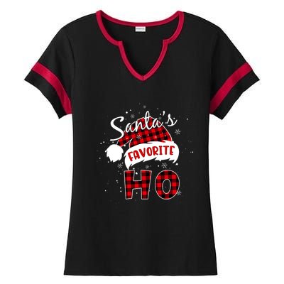 Funny SantaS Favorite Ho Christmas Red Plaid Buffalo Pajama Gift Ladies Halftime Notch Neck Tee