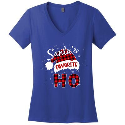 Funny SantaS Favorite Ho Christmas Red Plaid Buffalo Pajama Gift Women's V-Neck T-Shirt