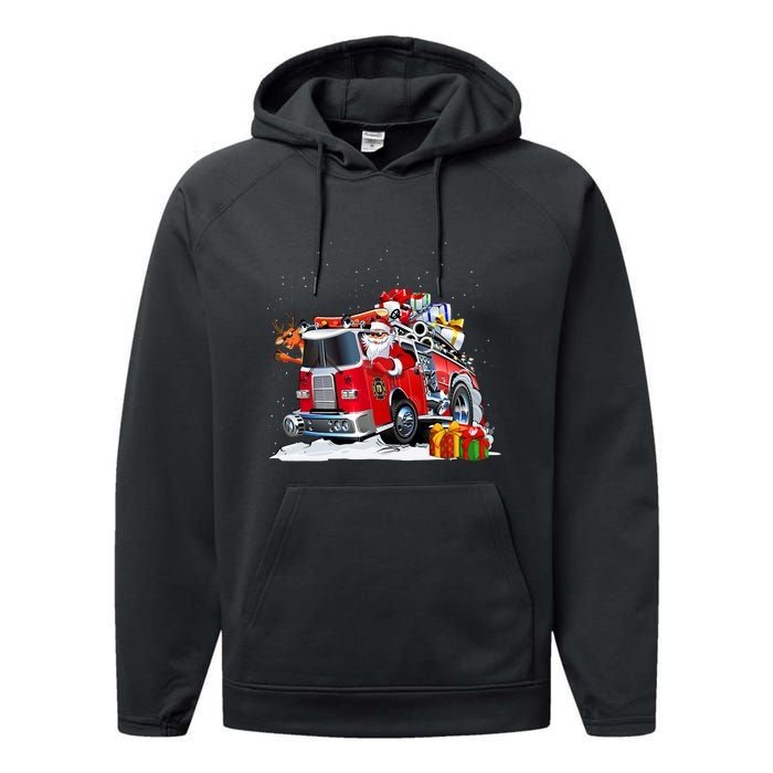 Firefighter Santa Fireman Driving Fire Truck Merry Christmas Performance Fleece Hoodie