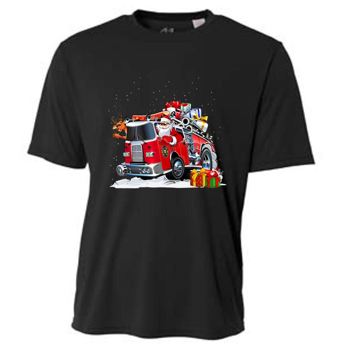 Firefighter Santa Fireman Driving Fire Truck Merry Christmas Cooling Performance Crew T-Shirt