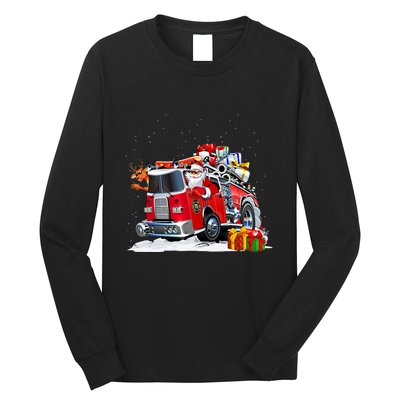 Firefighter Santa Fireman Driving Fire Truck Merry Christmas Long Sleeve Shirt