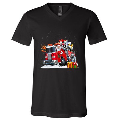 Firefighter Santa Fireman Driving Fire Truck Merry Christmas V-Neck T-Shirt