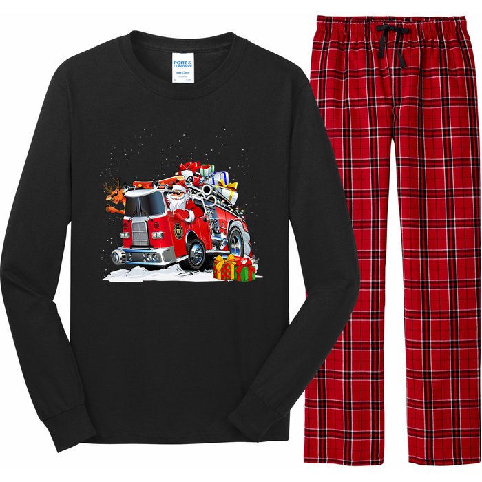 Firefighter Santa Fireman Driving Fire Truck Merry Christmas Long Sleeve Pajama Set