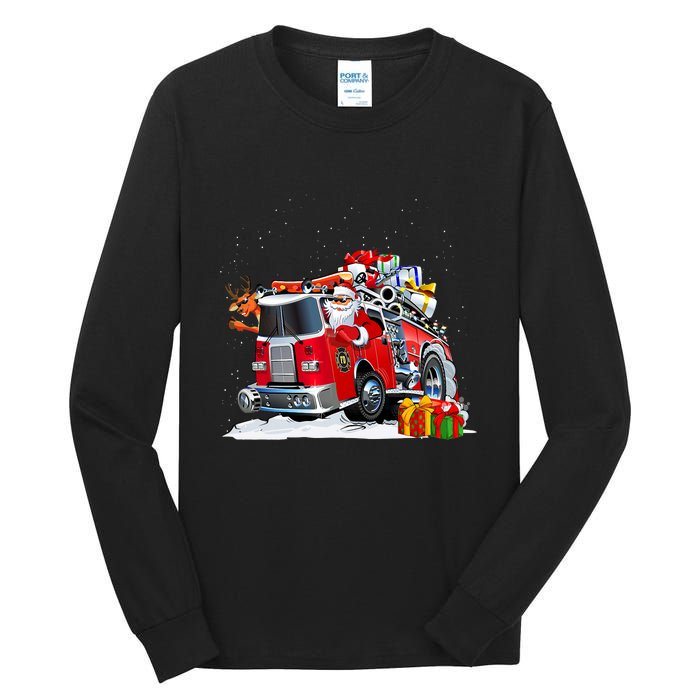 Firefighter Santa Fireman Driving Fire Truck Merry Christmas Tall Long Sleeve T-Shirt