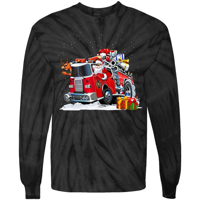 Firefighter Santa Fireman Driving Fire Truck Merry Christmas Tie-Dye Long Sleeve Shirt