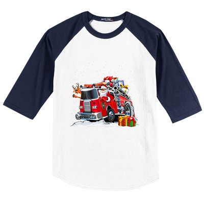 Firefighter Santa Fireman Driving Fire Truck Merry Christmas Baseball Sleeve Shirt