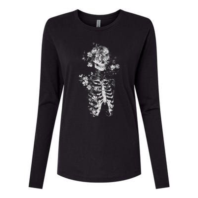 Floral Skeleton Flowers Goth Occult Death Dark Alt Aesthetic Womens Cotton Relaxed Long Sleeve T-Shirt