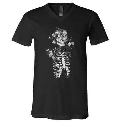 Floral Skeleton Flowers Goth Occult Death Dark Alt Aesthetic V-Neck T-Shirt