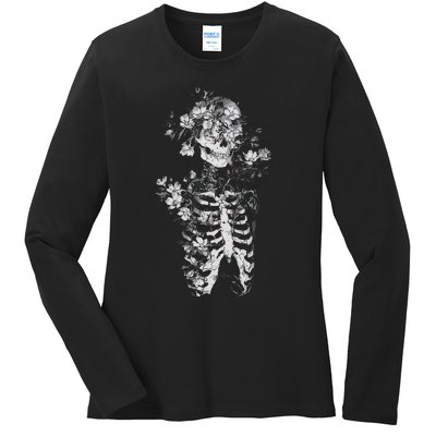 Floral Skeleton Flowers Goth Occult Death Dark Alt Aesthetic Ladies Long Sleeve Shirt