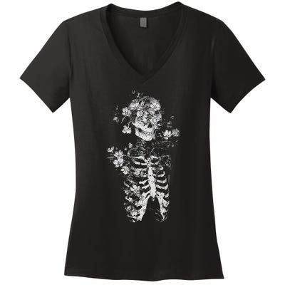 Floral Skeleton Flowers Goth Occult Death Dark Alt Aesthetic Women's V-Neck T-Shirt