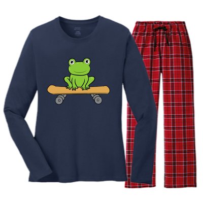 Funny Skateboarding Frog Funny Skateboard Frog Skateboarder Women's Long Sleeve Flannel Pajama Set 