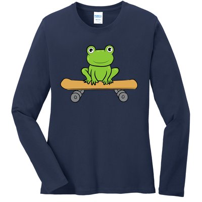 Funny Skateboarding Frog Funny Skateboard Frog Skateboarder Ladies Long Sleeve Shirt