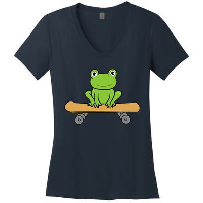 Funny Skateboarding Frog Funny Skateboard Frog Skateboarder Women's V-Neck T-Shirt