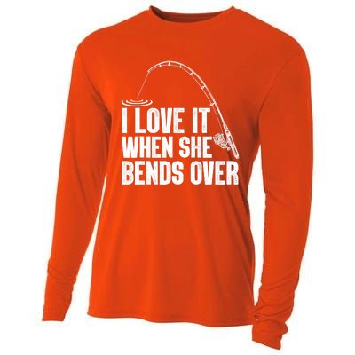 Fishing Shirt Funny I Love It When She Bends Over Shirt Funny Fly Fishing Meme Cooling Performance Long Sleeve Crew