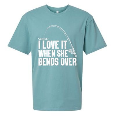 Fishing Shirt Funny I Love It When She Bends Over Shirt Funny Fly Fishing Meme Sueded Cloud Jersey T-Shirt