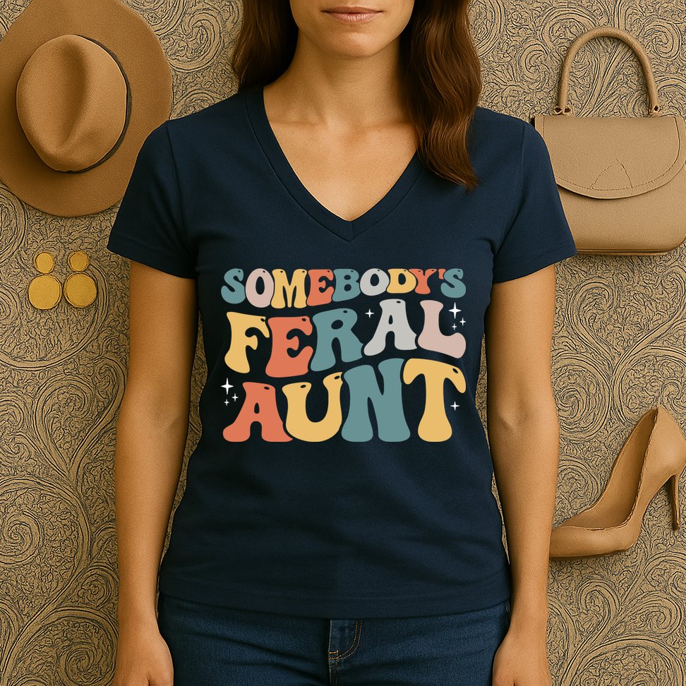 Funny Somebody's Feral Aunt Groovy For Mom Mother's Day Women's V-Neck T-Shirt