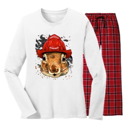 Firefighter Squirrel Fire Department Fireman Squirrel Lover Women's Long Sleeve Flannel Pajama Set 