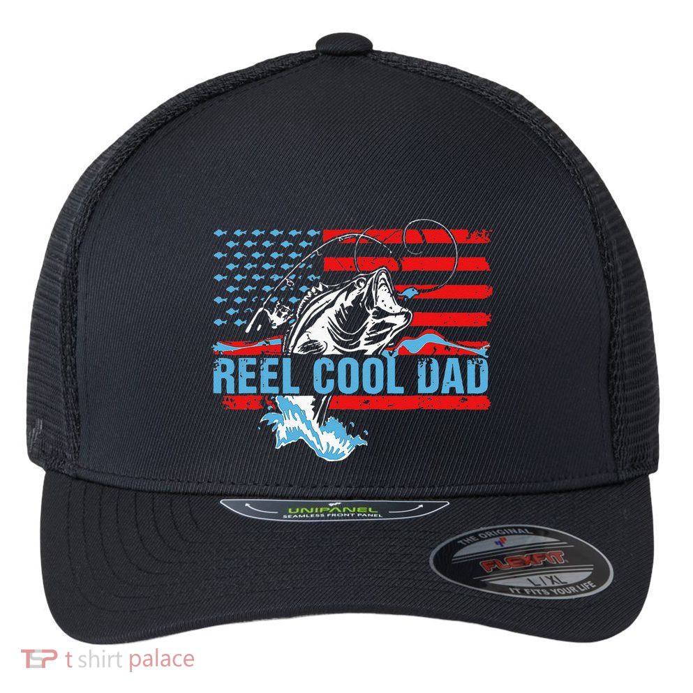 Fishing Stuff For Fathers Day Reel Cool Dad American Flag Flexfit Unipanel Trucker Cap