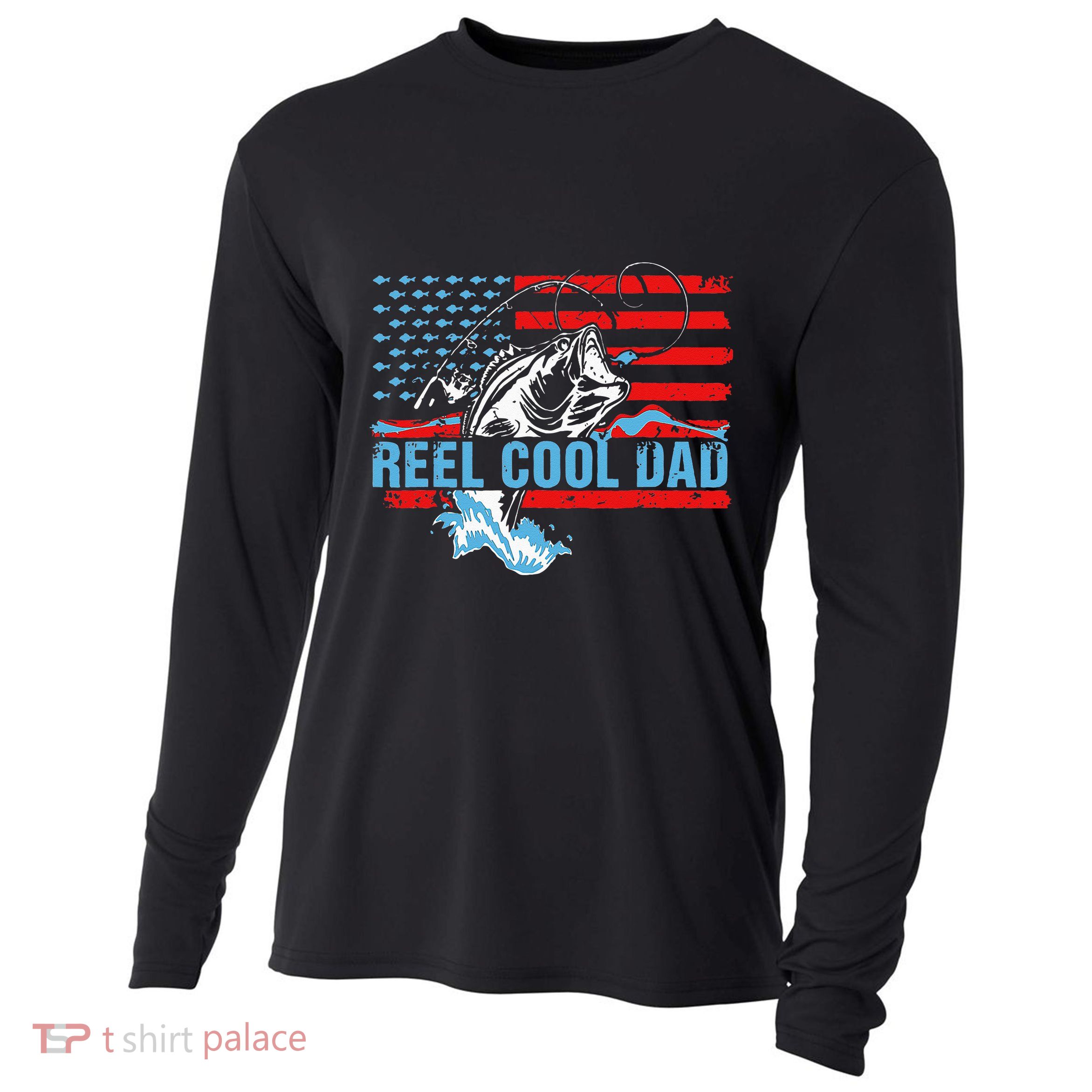 Fishing Stuff For Fathers Day Reel Cool Dad American Flag Cooling Performance Long Sleeve Crew