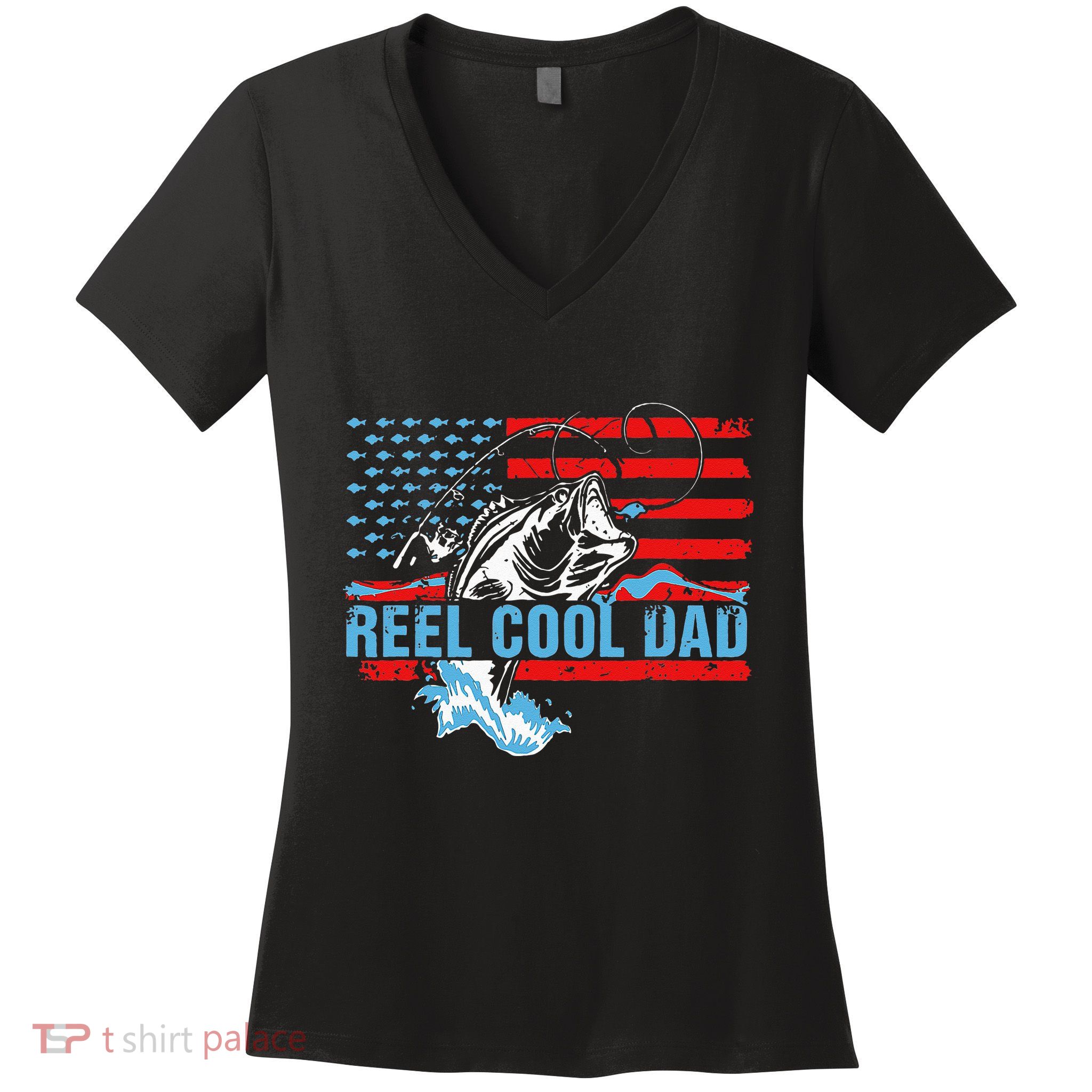 Fishing Stuff For Fathers Day Reel Cool Dad American Flag Women's V-Neck T-Shirt