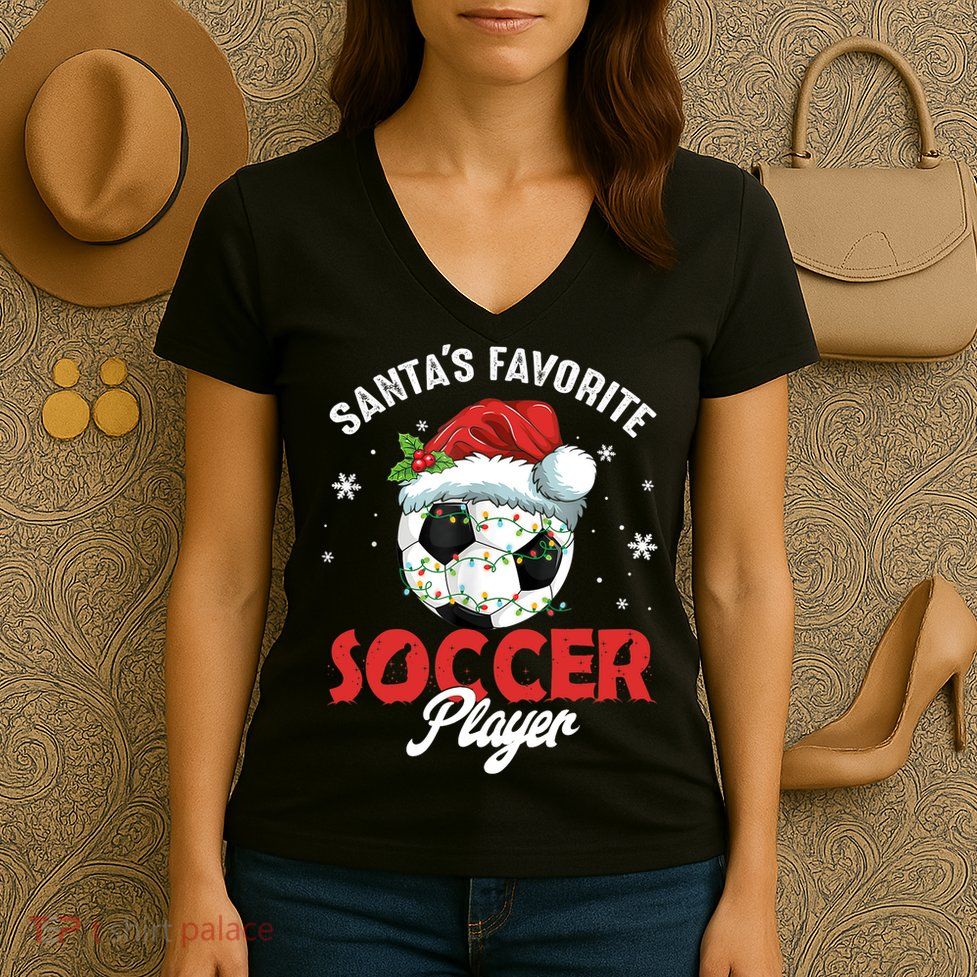 Funny Santa's Favorite Soccer Player Christmas Pajama TShirt Women's V-Neck T-Shirt