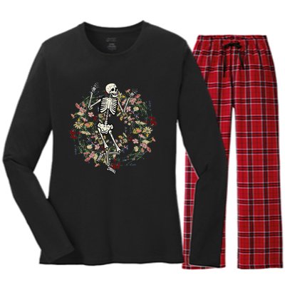 Floral Skeleton Funny Goth Halloween Costume Women Women's Long Sleeve Flannel Pajama Set 