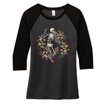 Floral Skeleton Funny Goth Halloween Costume Women Women's Tri-Blend 3/4-Sleeve Raglan Shirt