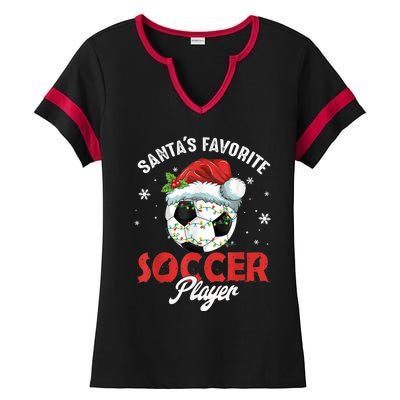 Funny Santa's Favorite Soccer Player Christmas Pajama Ladies Halftime Notch Neck Tee