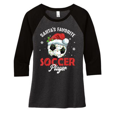 Funny Santa's Favorite Soccer Player Christmas Pajama Women's Tri-Blend 3/4-Sleeve Raglan Shirt