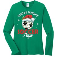 Funny Santa's Favorite Soccer Player Christmas Pajama Ladies Long Sleeve Shirt