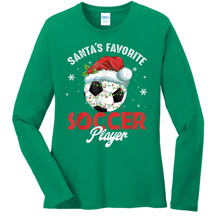 Funny Santa's Favorite Soccer Player Christmas Pajama Ladies Long Sleeve Shirt