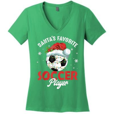 Funny Santa's Favorite Soccer Player Christmas Pajama Women's V-Neck T-Shirt