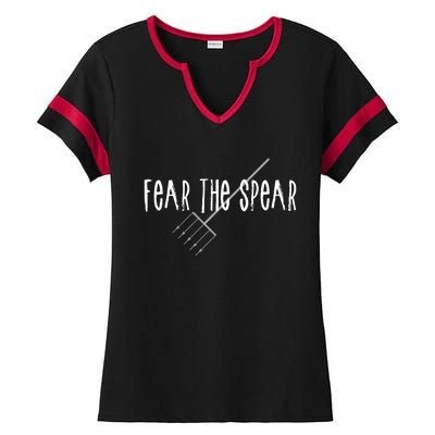 Funny Sturgeon Fishing Spearfishing Fear The Spear Ladies Halftime Notch Neck Tee