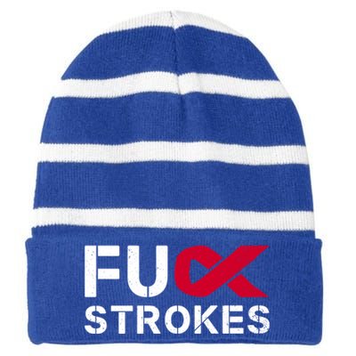 Fuck Strokes Fu Survivor Stroke Awareness Month Red Ribbon Great Gift Striped Beanie with Solid Band