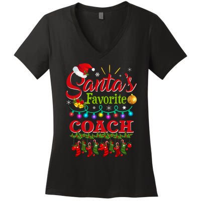 Funny SantaS Favorite Coach Christmas Santa Hat Light Women's V-Neck T-Shirt