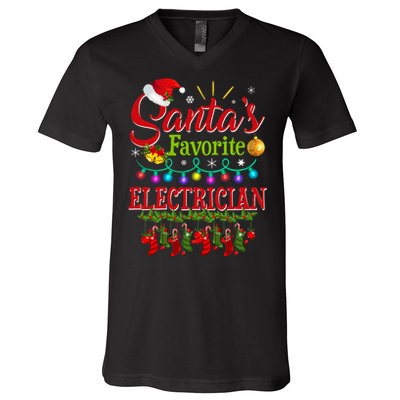 Funny SantaS Favorite Electrician Christmas Santa Hat Light V-Neck T-Shirt