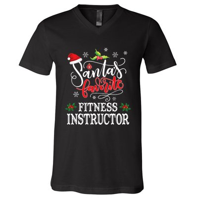 Funny SantaS Favorite Fitness Instructor Santa Hat Xmas V-Neck T-Shirt