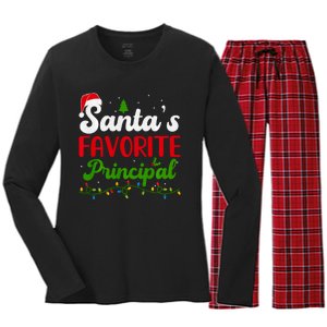 Funny SantaS Favorite Principal Christmas Santa Hat Lights Long Sleeve Women's Long Sleeve Flannel Pajama Set 