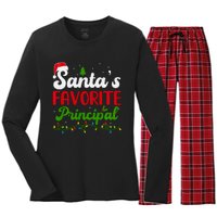 Funny SantaS Favorite Principal Christmas Santa Hat Lights Long Sleeve Women's Long Sleeve Flannel Pajama Set 