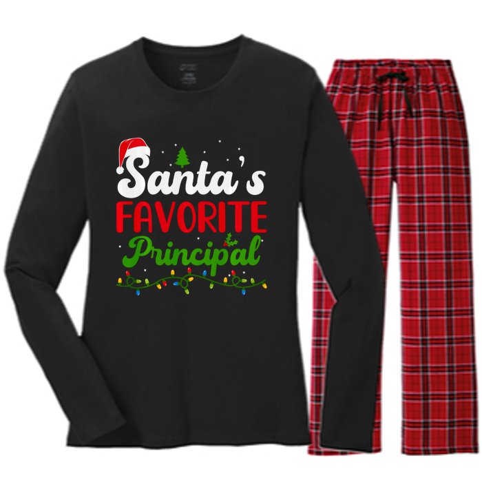 Funny SantaS Favorite Principal Christmas Santa Hat Lights Long Sleeve Women's Long Sleeve Flannel Pajama Set 