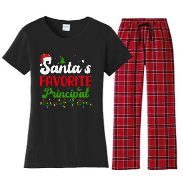 Funny SantaS Favorite Principal Christmas Santa Hat Lights Long Sleeve Women's Flannel Pajama Set