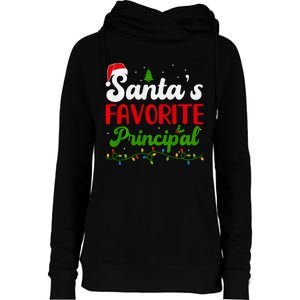 Funny SantaS Favorite Principal Christmas Santa Hat Lights Long Sleeve Womens Funnel Neck Pullover Hood