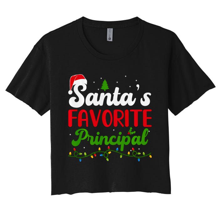 Funny SantaS Favorite Principal Christmas Santa Hat Lights Long Sleeve Women's Crop Top Tee