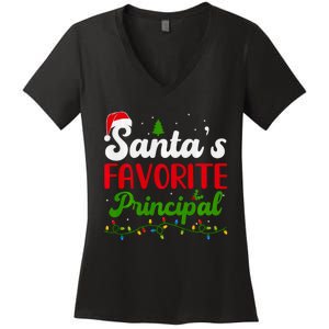 Funny SantaS Favorite Principal Christmas Santa Hat Lights Long Sleeve Women's V-Neck T-Shirt