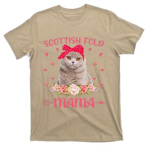 Funny Scottish Fold Mama Cat Mom Flowers Mothers Day T-Shirt