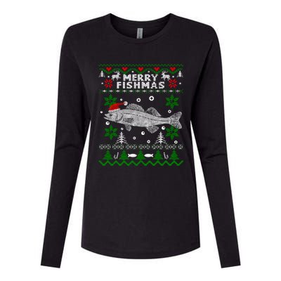 Fishing Santa Fishing Pajamas Ugly Christmas Merry Fishmas Cute Gift Womens Cotton Relaxed Long Sleeve T-Shirt