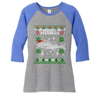 Fishing Santa Fishing Pajamas Ugly Christmas Merry Fishmas Cute Gift Women's Tri-Blend 3/4-Sleeve Raglan Shirt