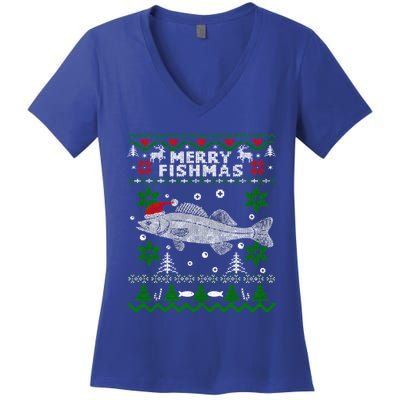 Fishing Santa Fishing Pajamas Ugly Christmas Merry Fishmas Cute Gift Women's V-Neck T-Shirt