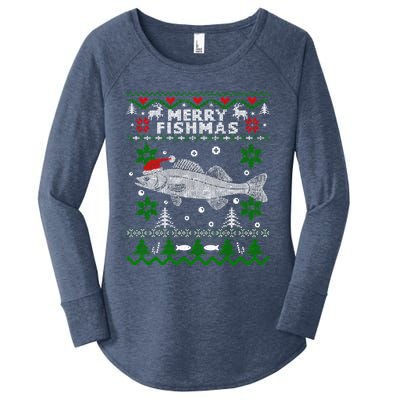 Fishing Santa Fishing Pajamas Ugly Christmas Merry Fishmas Cute Gift Women's Perfect Tri Tunic Long Sleeve Shirt