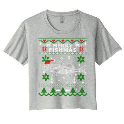 Fishing Santa Fishing Pajamas Ugly Christmas Merry Fishmas Cute Gift Women's Crop Top Tee